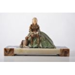 Art Deco cold painted bronzed figure, after R Miandres, Lady Reading, marble plinth, width 33cm.