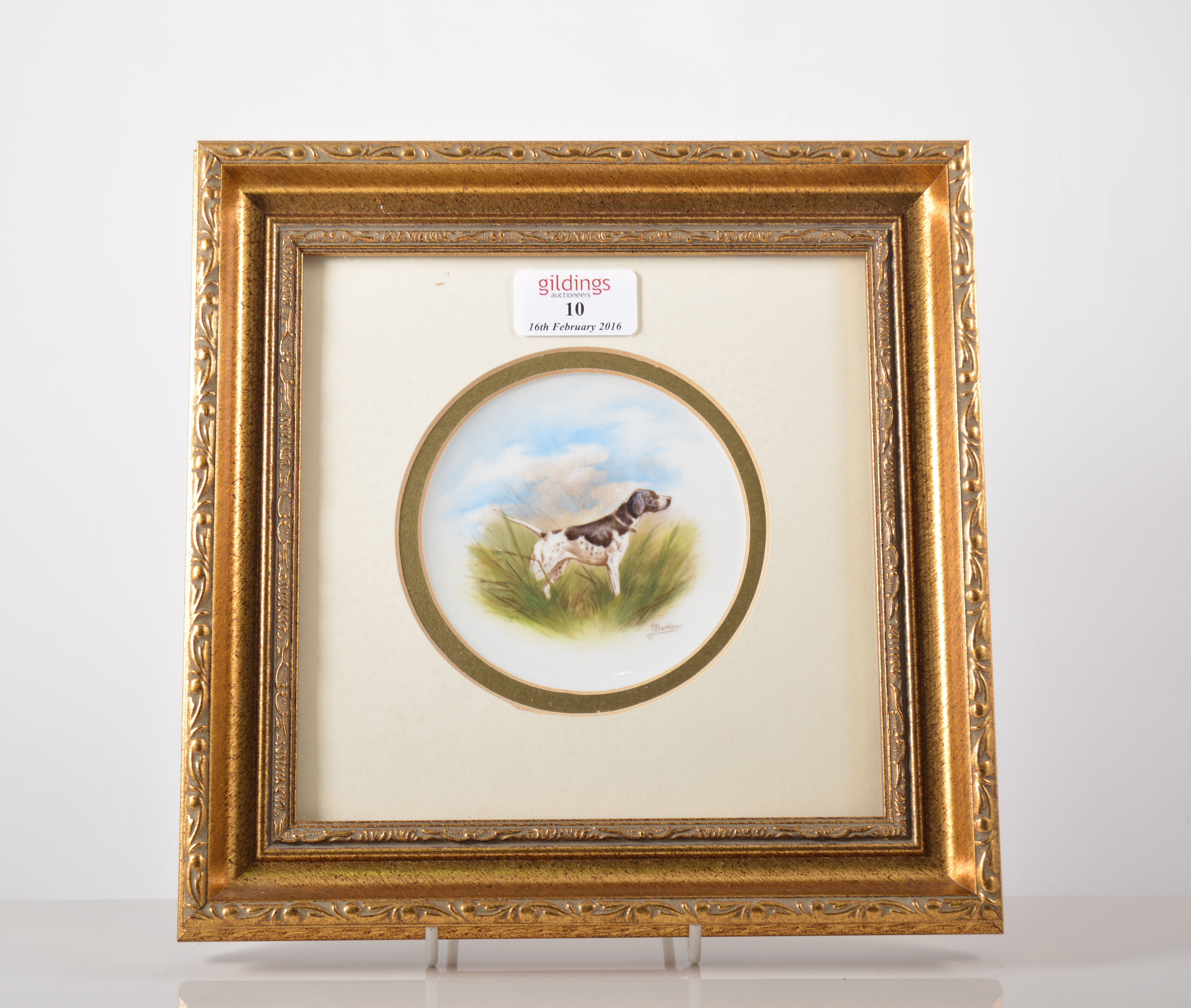 J Barlow, A Pointer, Royal Crown Derby circular plaque, mounted and framed.