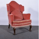 George III wing back armchair, stained wood cabriole legs, width 76cm.