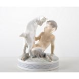 Royal Copenhagen faun, seated with a goat, on a circular base, 14cm.