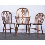 Set of eight Victorian elm, beech and ash Windsor kitchen chairs, hoop backs,