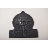 Cast iron fire mark, 425573, marked Salop Iron, England, height 19cms, width 18cms.