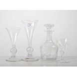 Etched glass Madeira decanter, decorated with vines and grapes, 17cm, and a pair of similar glasses,
