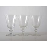 Set of twelve glasses, wheel engraved with hunting scenes, knopped stem, circular foot,