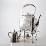 Victorian silver plated tea kettle and other plated wares.