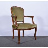 French stained beechwood fauteuil, carved and scrolled fauteuil, dralon upholstered back,