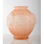 Pink tinted satin glass moulded vase, signed within the mould, P de Cagny, 23cm.