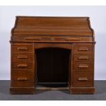 American oak roll top desk, serpentine tambour, twin pedestals,