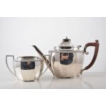 Silver three piece tea set, polygonal form, beaded border,