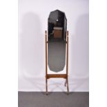 Cheval mirror, long bevelled plate, oak reeded frame on splayed legs, width 47cm, height 159cm.