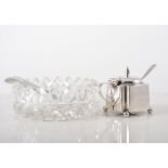 Silver mustard pot, tapering sides, two butter knives and a glass butter dish, (4).