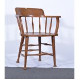 Oak elbow chair, hoop back with turned spindles, boarded seat, turned legs joined by rails,