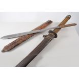 Masai type sword in a leather covered wooden scabbard, 56cm,