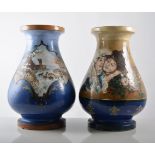 Two baluster vases, one with a scenic Farmyard panel and two Victorian girls, 27cm high.
