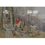 R H Buxton, "The Scent", hunting scene in woodland, watercolour, 24cm x 34cm,