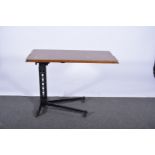 Mahogany topped adjustable bed table, rectangular moulded edge, cast iron base,