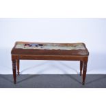 Victorian mahogany window seat, needlework top, with a carriage scene, fluted frieze,