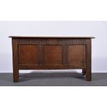 Joined oak coffer, 18th Century, rectangular hinged boarded lid with a moulded edge, knulled frieze,