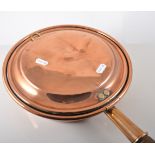 Victorian copper warming pan, turned and stained wood handle, length 107cm,
