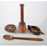 Small collection of Treen, printing block, scoop, spoons, small vessel with pourer.