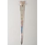 Modern silver letter knife, Leicestershire Fox mask, makers mark worn, London 1979, length 18cm,