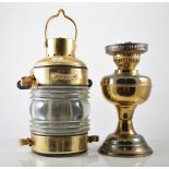 Pair of modern reproduction ships lights, oil lamp, brass and plated trays.