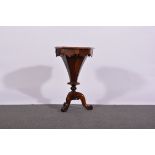 Victorian walnut trumpet work table, octagonal top, carved scrolled legs, width 43cms, height 73cms.