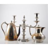 Silver plated four piece tea set, compressed form with reeded bands, hot water jug, 17cm, tea pot,