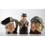 Royal Doulton Toby jug, Winston Churchill, 24cm and four large Royal Doulton character jugs,