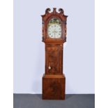 Mahogany longcase clock, hood with swan neck pediment, turned supports,