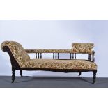 Victorian walnut framed chaise longue, floral upholstery, turned and ringed legs,