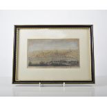 Coloured book plate print, a view of Northampton, 10cm x 18cm, mounted and framed,