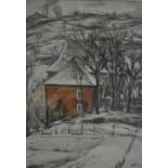 Unsigned watercolour, Winter Scene with houses to centre of landscape, 46cm x 36cm,