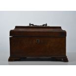 Georgian mahogany tea caddy, sarcophagus top enclosing three compartments, ogee bracket feet,