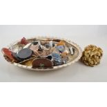 A collection of small mineral specimens, shell purse, small silver bookmark and handbag mirror,