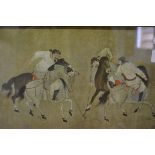 Pair of Japanese painted panels, figures in an interior, 19 x 17cms and two other panels,