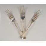 Set of six Victorian silver Fiddle pattern table forks, London 1838/1839, greyhound and hare crest,