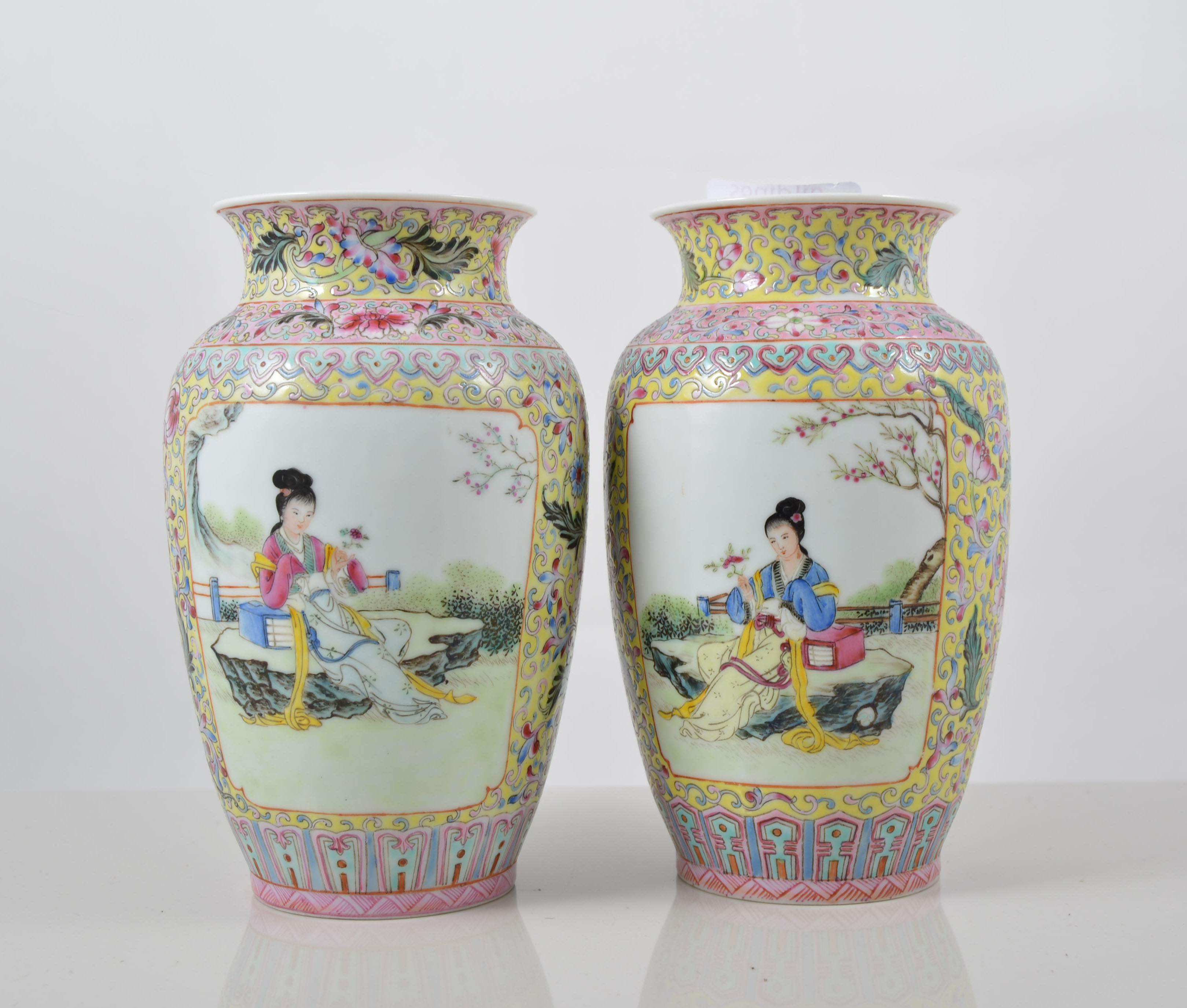 Pair of Chinese yellow ground vases, of shouldered form,