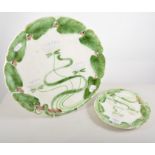 French Majolica Art Nouveau style part service, decorated with water lilies, comprising a platter,