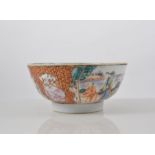 Chinese polychrome rose bowl, reserves decorated with Mandarin figures, patterned orange ground,