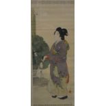 Japanese painted scroll, Geisha holding a fan, trellis border, 117 x 51cms overall,