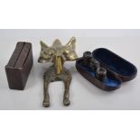 A boxed Ronson Queen Anne lighter, brass fox door knocker, treen sewing accessories,