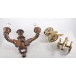 Set of three brass fire irons, ball and claw finials, shovel 71cms, matching andirons,