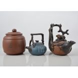 Chinese Red ware teapot, Yixing, applied moulded decoration of blossom,