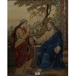 Victorian woolwork picture, Christ and the Samaritan Woman at the Well, gilt frame,