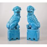 Pair of Chinese turquoise glazed models of Temple Lions, each set on a rectangular plinth, 35cms.