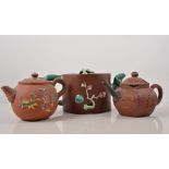 Chinese Red ware teapot, Yixing, polychrome decoration of branches in blossom,