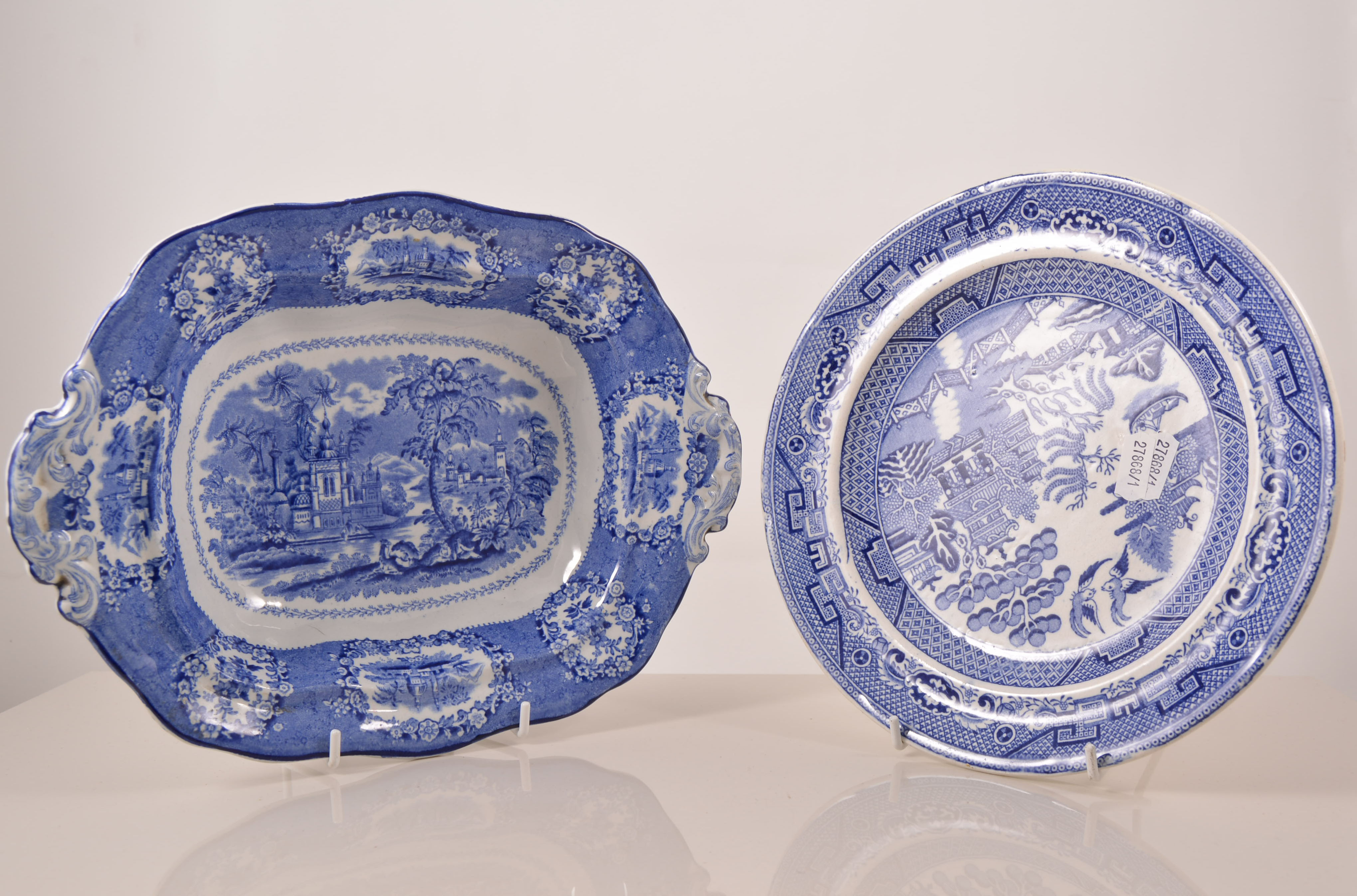 A quantity of blue and white transfer printed ware, Willow pattern meat plates etc,