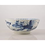 First period Worcester blue and white bowl, "The Precipice", circa 1770, crescent mark,