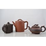 Chinese Red ware cylindrical shape teapot, Yixing, 16cms and three other Chinese Red ware teapots,